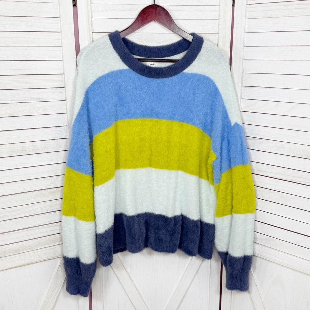 Aerie Flurry Rugby Stripes Fuzzy Oversized Crew Neck Sweater Blue Green‎ Medium - Picture 10 of 15
